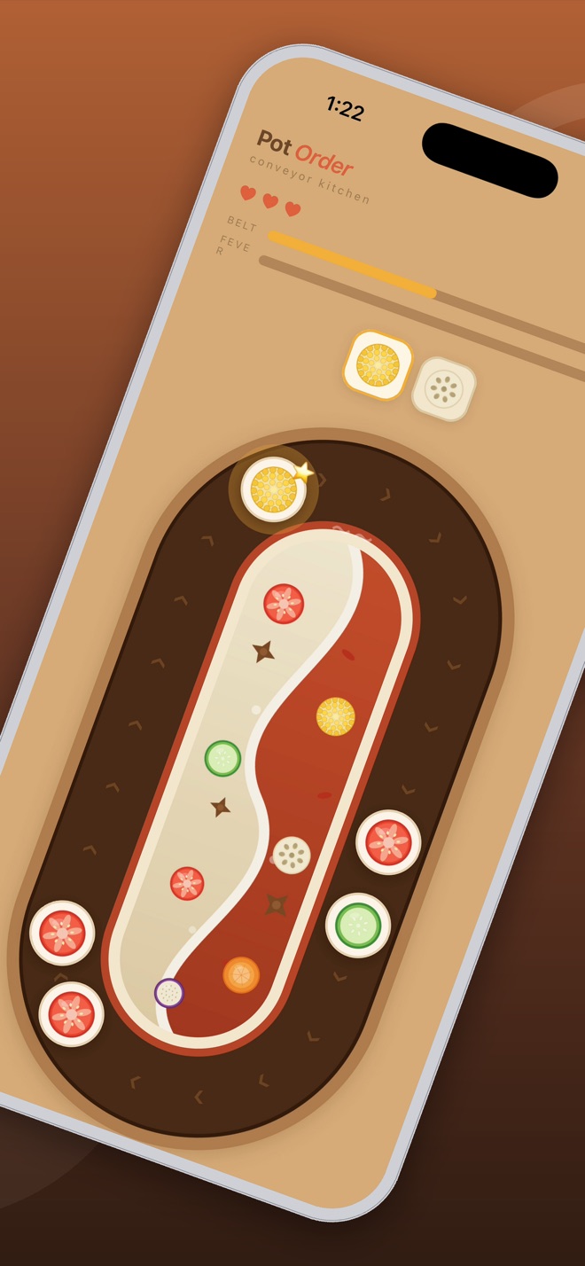 Pot Order gameplay — ingredients riding the conveyor around the pot
